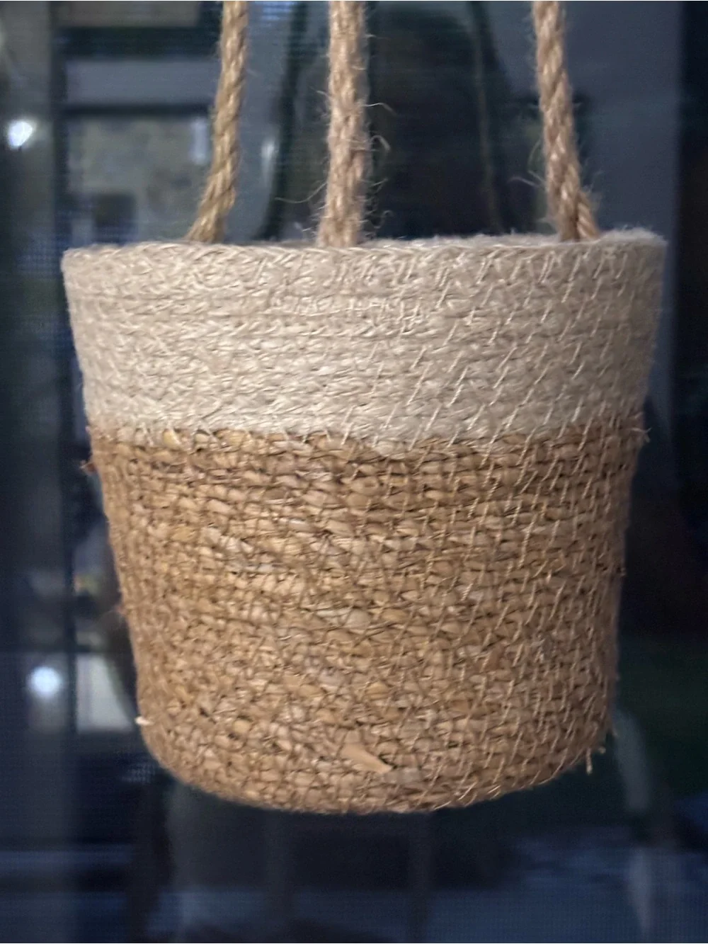 Two-Tone Woven 3-Rope Hanging Planter Natural Cream Jute Plastic lining 4” Home